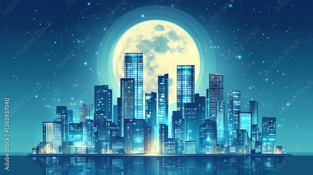 A full moon rising above a modern cityscape, its reflection in glass skyscrapers creating a double moon effect in this urban illustration. Lunar Glass Towers. Illustration A full moon rising above a modern cityscape, its reflection in glass skyscrapers creating a double moon effect in this urban illustration. Lunar Glass Towers. Illustration