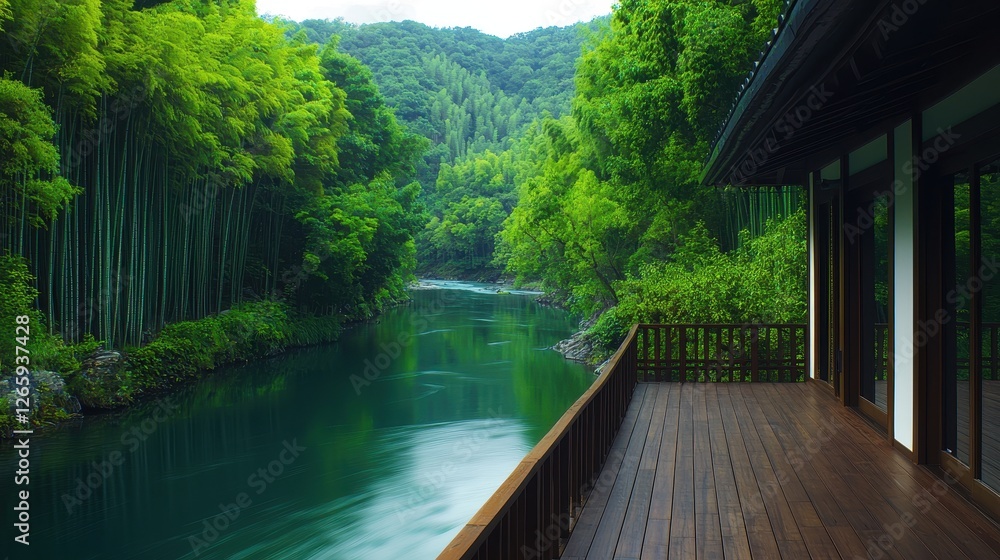 A serene riverside view featuring lush greenery, bamboo trees, and a wooden deck surrounding calm waters, inviting tranquility and nature's beauty. A serene riverside view featuring lush greenery, bamboo trees, and a wooden deck surrounding calm waters, inviting tranquility and nature's beauty.