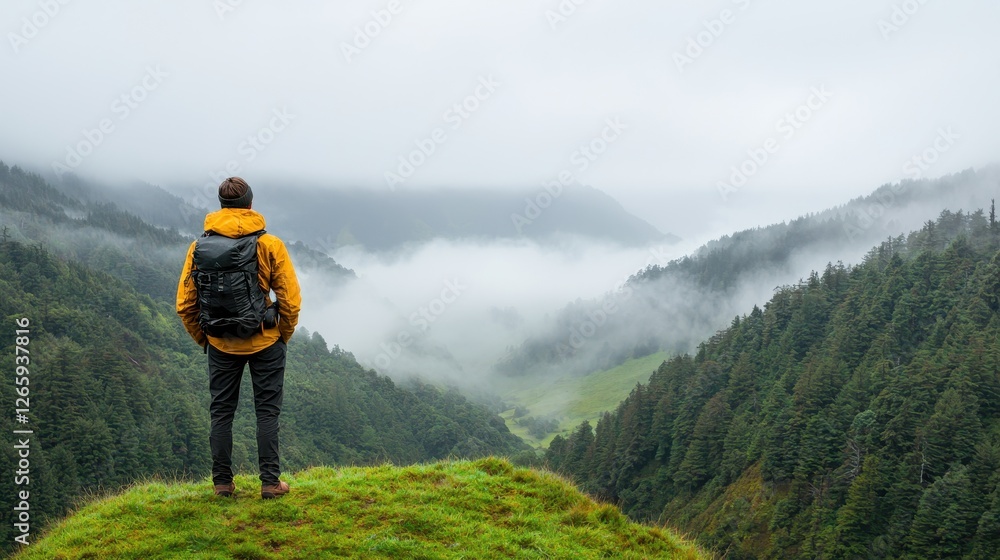 Obraz premium A hiker in a yellow jacket stands on a green hill, overlooking a misty valley surrounded by lush forests under a cloudy sky.