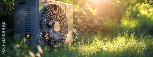 A photograph of an air source heat pump in the backyard
