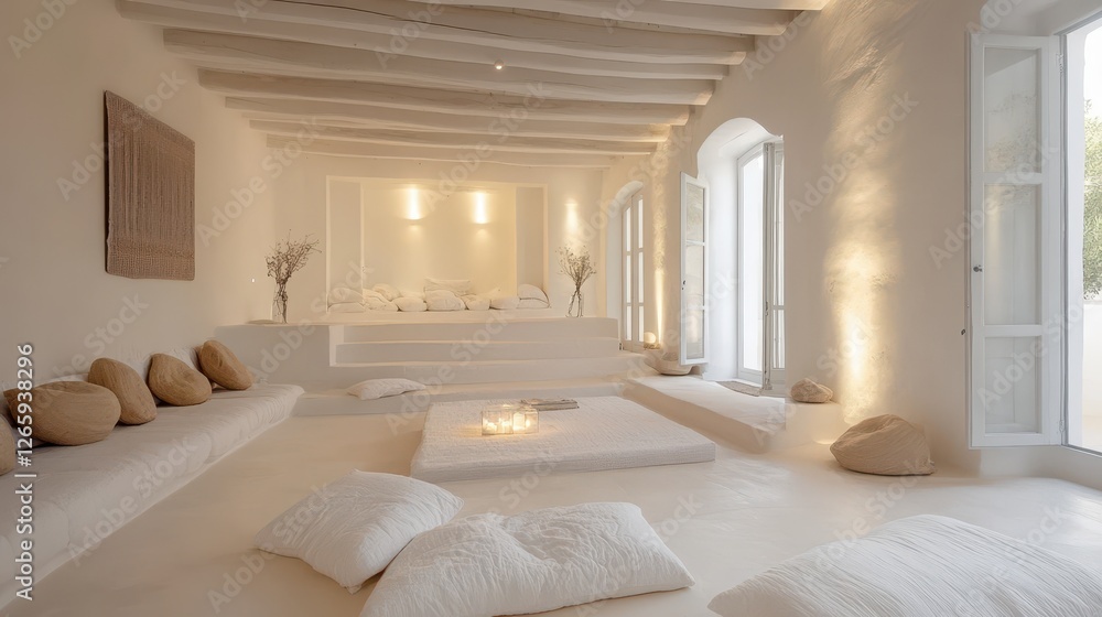 Bright white room filled with pillows and comfortable lounging areas Bright white room filled with pillows and comfortable lounging areas