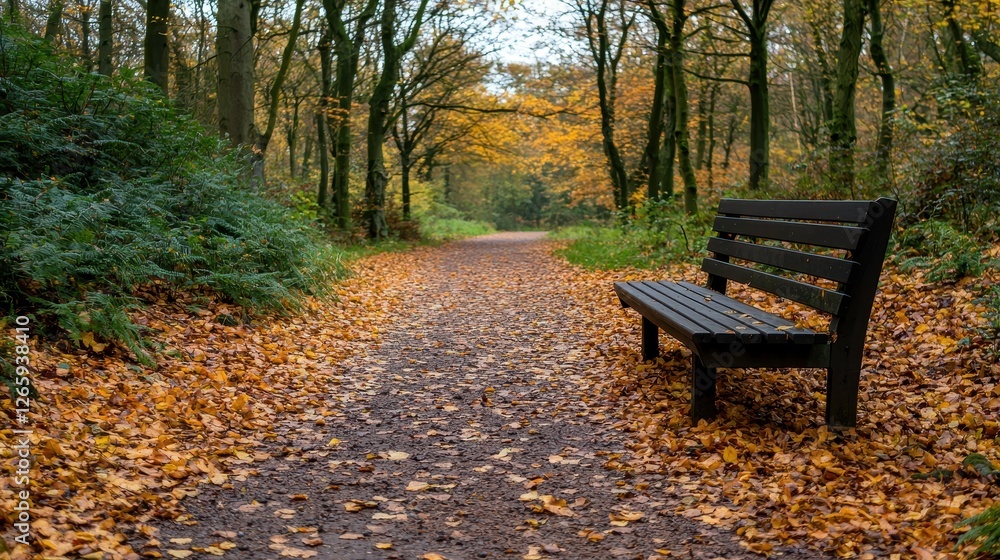 A serene pathway through a forest, lined with vibrant autumn leaves and a wooden bench inviting moments of reflection. A serene pathway through a forest, lined with vibrant autumn leaves and a wooden bench inviting moments of reflection.