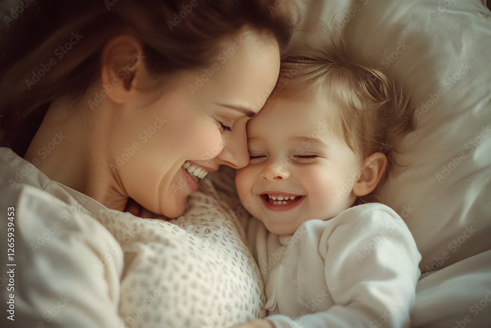 Mother and Child's Cozy Bond in White Pajamas Mother and Child's Cozy Bond in White Pajamas