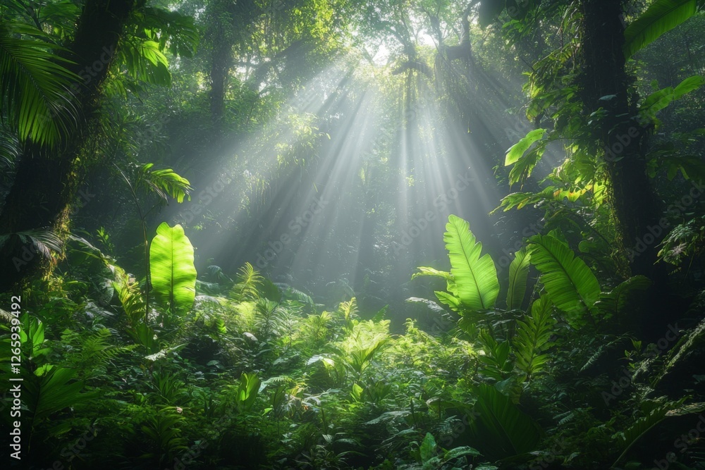Obraz premium Sunlight filters through lush foliage in a vibrant tropical rainforest during the early morning hours