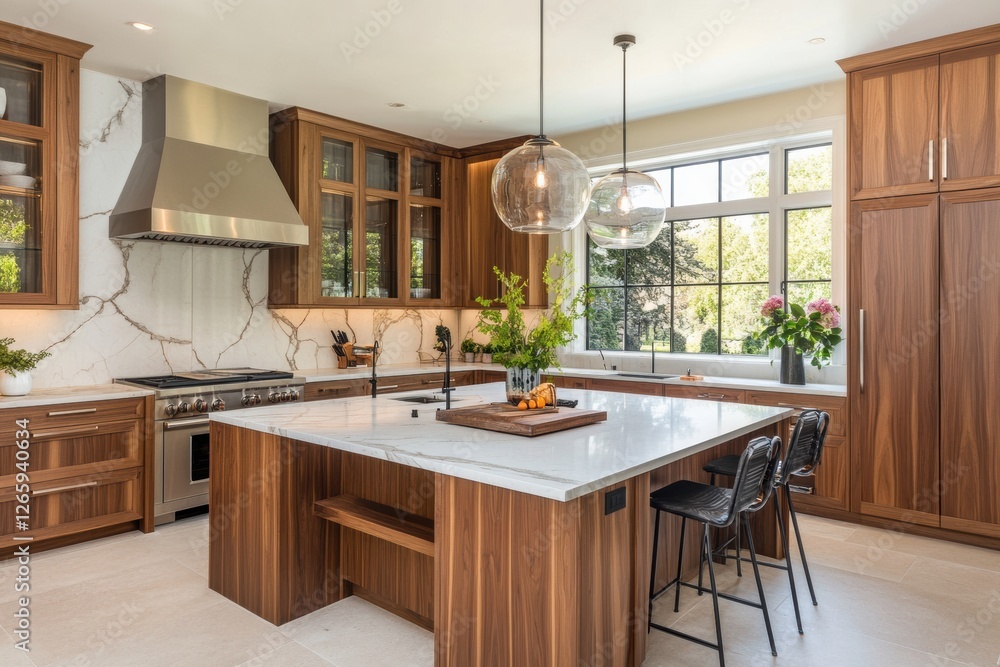 Fototapeta premium Modern kitchen island with walnut cabinetry and marble countertops.