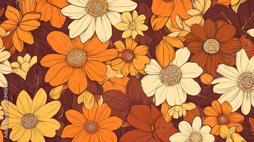 Wallpaper Mural Bright floral pattern featuring orange and cream daisies with earthy tones in the background Torontodigital.ca