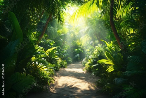 Lush tropical path illuminated by sunlight in a vibrant rainforest during midday
