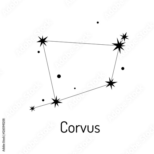 Minimalistic vector illustration of the Corvus constellation. Black and white astronomy design, perfect for educational materials, astrology enthusiasts, and celestial-themed projects.