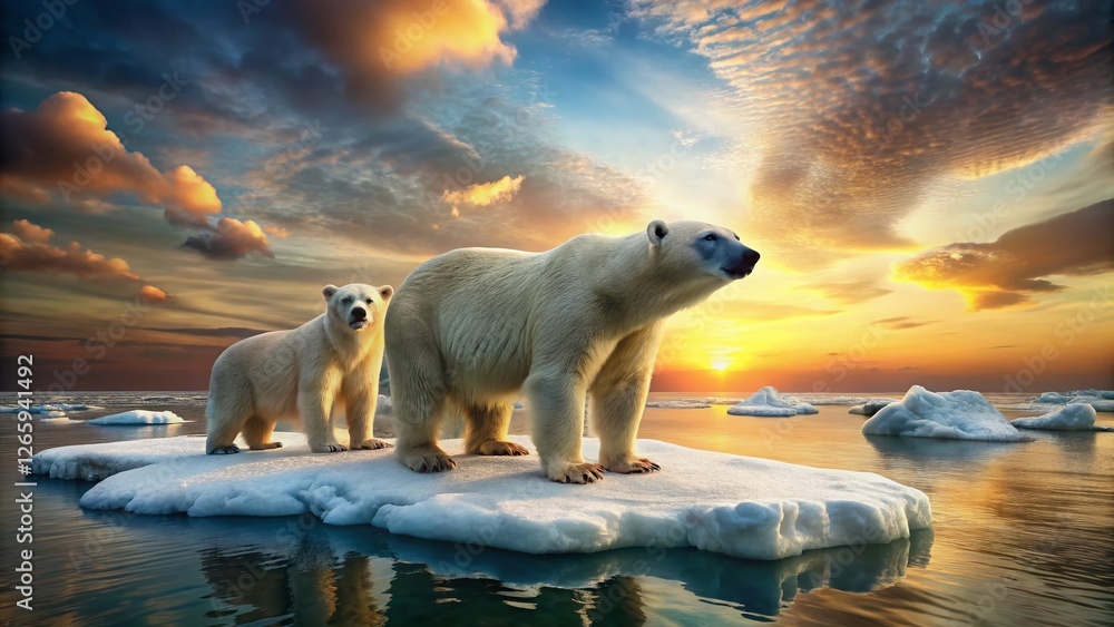 Majestic Polar Bears on Melting Ice Floes: Arctic Wildlife Conservation Stock Photo Majestic Polar Bears on Melting Ice Floes: Arctic Wildlife Conservation Stock Photo