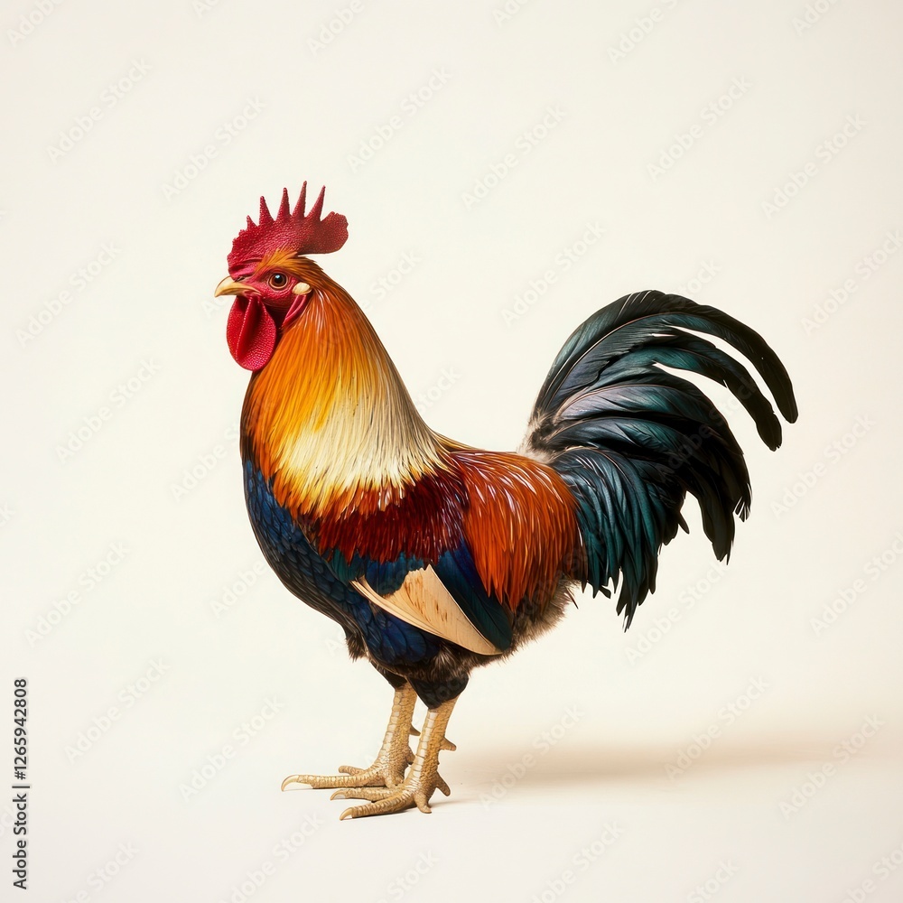 Fototapeta premium Colorful rooster on a white background, no shadows, no text space in the picture