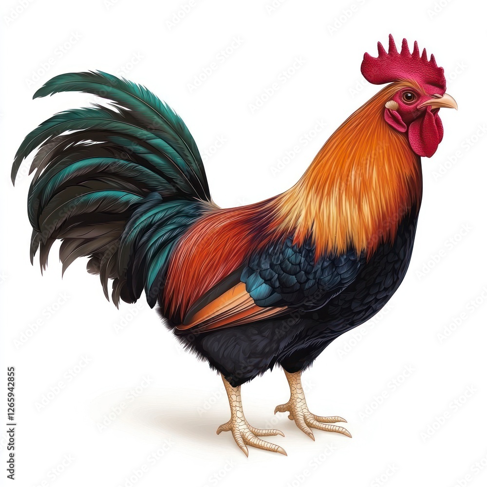 Fototapeta premium Colorful rooster on a white background, no shadows, no text space in the picture
