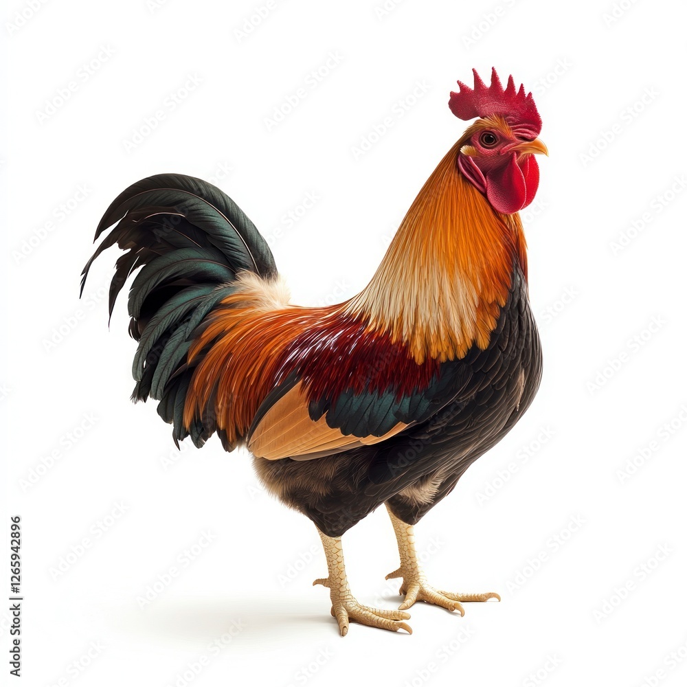 Colorful rooster on a white background, no shadows, no text space in the picture Colorful rooster on a white background, no shadows, no text space in the picture