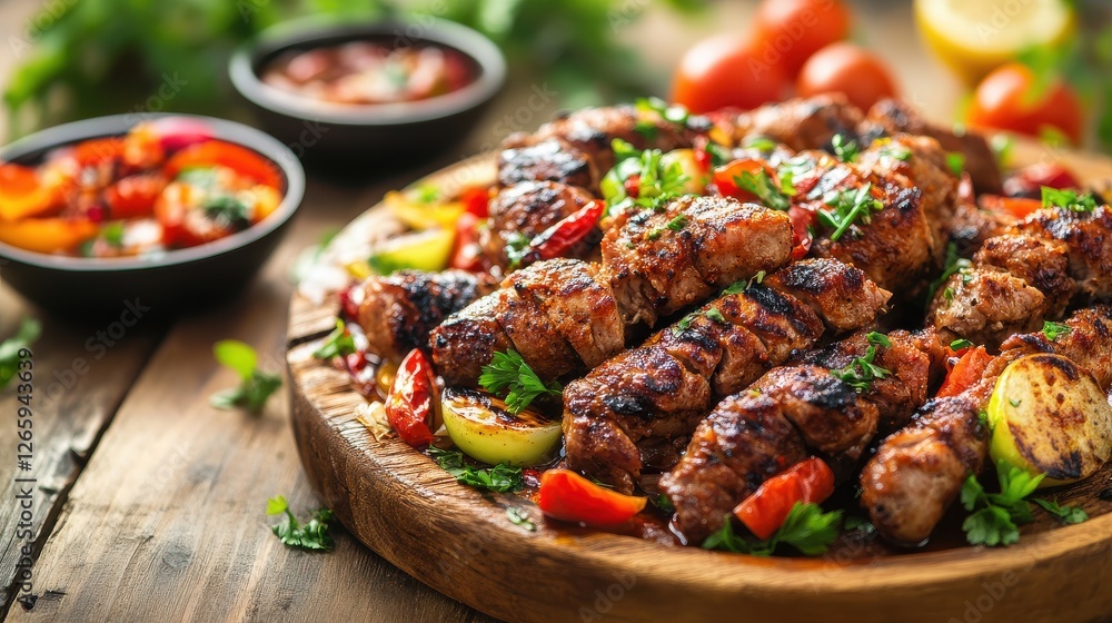 Grilled Skewers with Fresh Vegetables and Herbs on Serving Board Grilled Skewers with Fresh Vegetables and Herbs on Serving Board