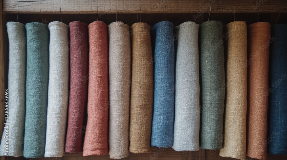 Rolled Linen Fabrics Displayed on Wooden Shelves