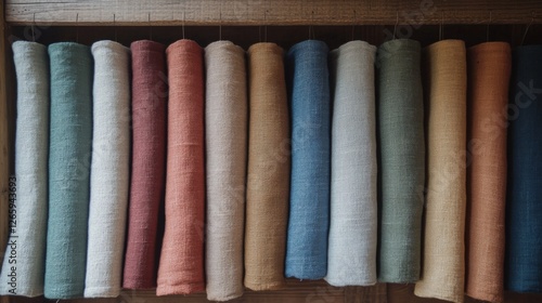 Rolled Linen Fabrics Displayed on Wooden Shelves