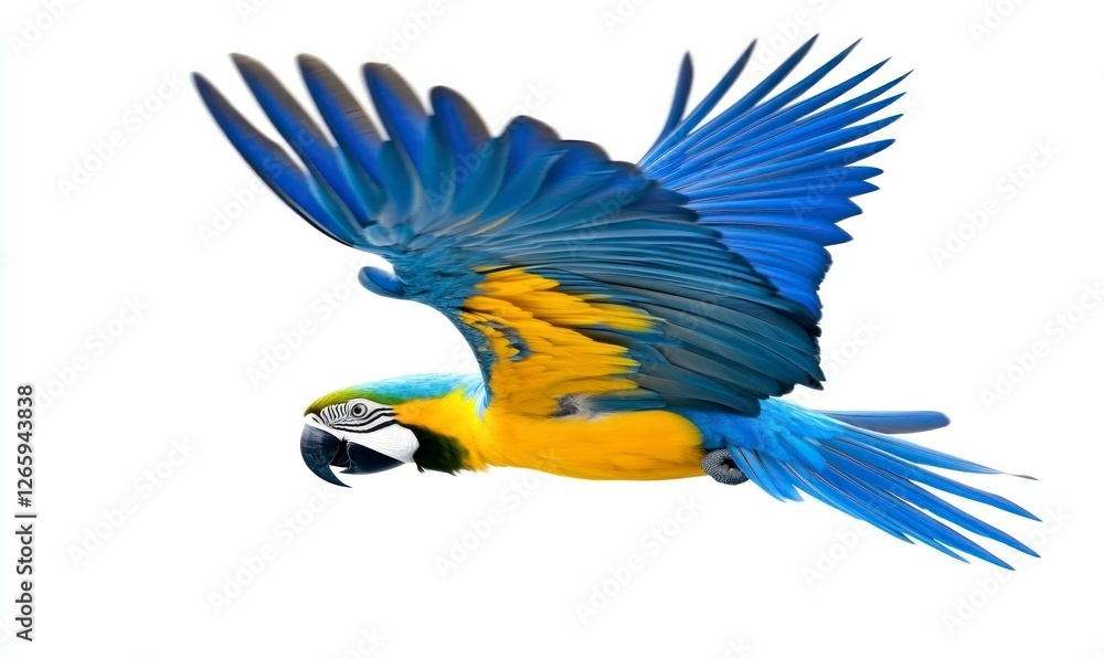 Fototapeta premium blue and yellow macaw flying against a white background.