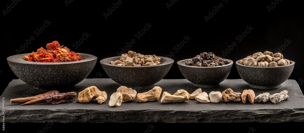 Dried Herbs Bowls Dark Background Dried Herbs Bowls Dark Background