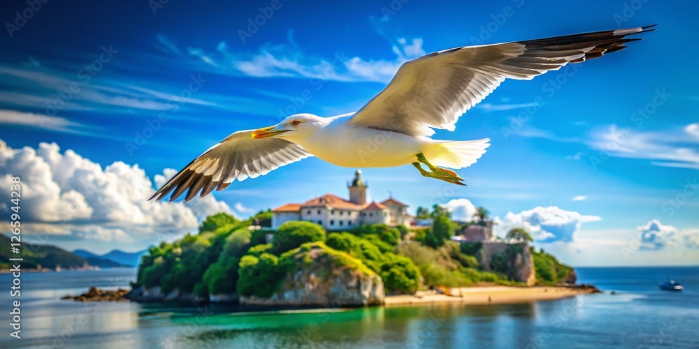 Fototapeta premium Majestic Seagull Soaring Over Idyllic Island Paradise - Stunning Blue Sky Stock Photo