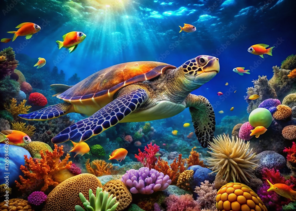 Majestic Sea Turtle Gracefully Navigating Vibrant Coral Reef Majestic Sea Turtle Gracefully Navigating Vibrant Coral Reef
