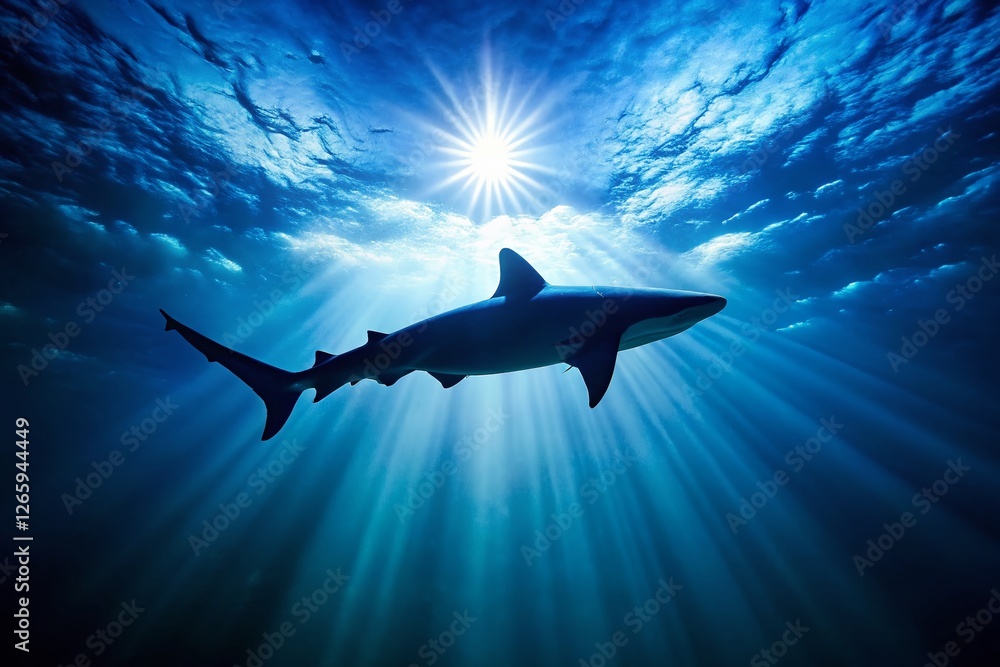 Obraz premium Majestic Shark Silhouette in Deep Ocean, Underwater Wildlife Photography