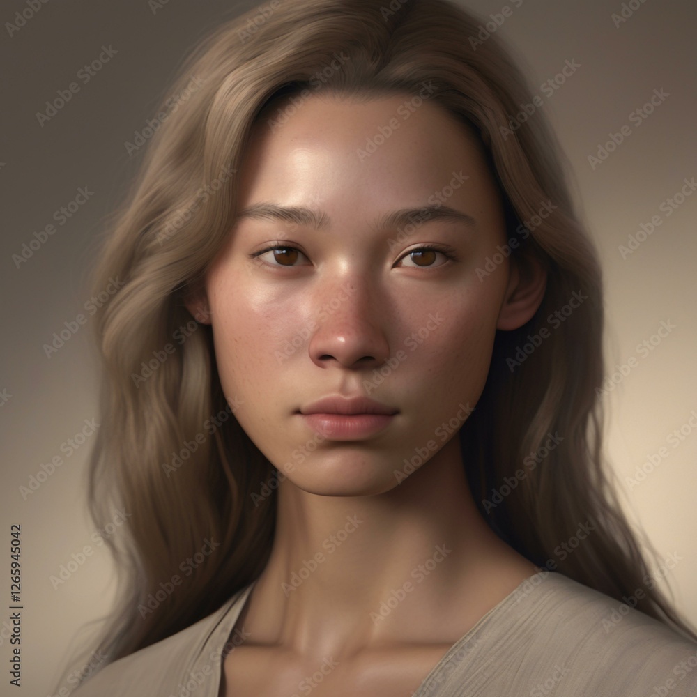 Fototapeta premium A highly detailed, hyper-realistic close-up portrait of an AI-generated human face. This digital artwork features lifelike skin textures, expressive eyes, and natural lighting.