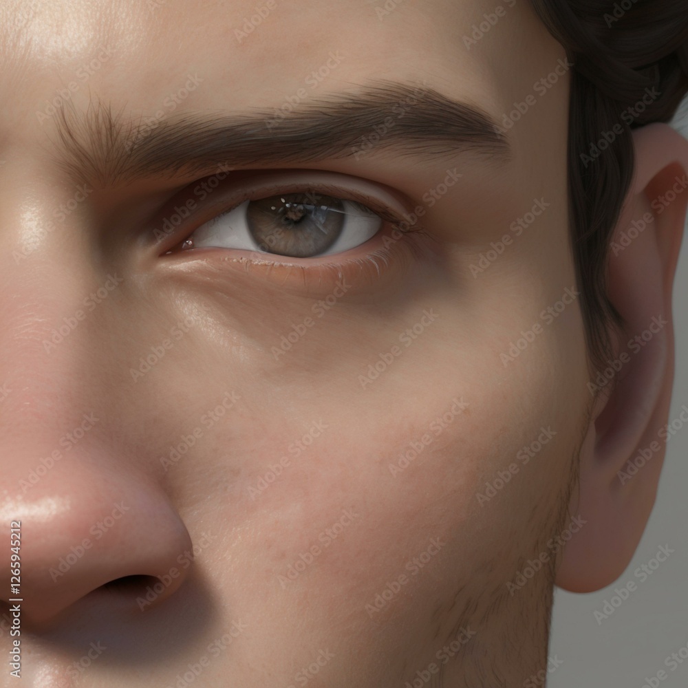 Fototapeta premium A highly detailed, hyper-realistic close-up portrait of an AI-generated human face. This digital artwork features lifelike skin textures, expressive eyes, and natural lighting.
