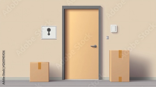 Delivery Service 3D Icon: Door and Box with Parcel