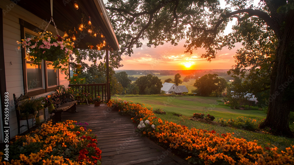 Obraz premium Sunset view from cozy porch, rural home, flower gardens