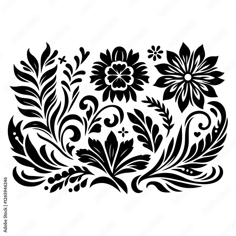 Fototapeta premium Silhouette of a set floral design with thick outline side view isolated, no text, no shadow
