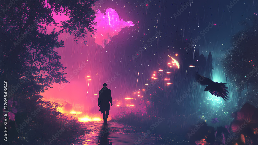 Fototapeta premium A man silhouetted against a neon-lit landscape walks a glowing path in the rain, with a vibrant bird hovering above him. beautiful simple ai generated image in unique. Astral Samurai. Illustration
