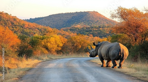 White rhino on country road, autumnal landscape