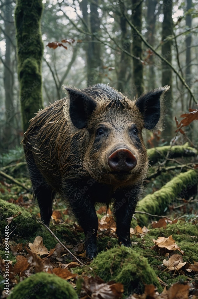 A wild pig stands in a misty forest, surrounded by moss and fallen leaves. A wild pig stands in a misty forest, surrounded by moss and fallen leaves.