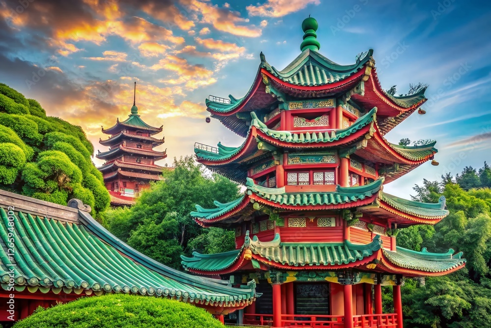 Majestic Traditional Chinese Pagoda with Red and Green Roof - Asian Architecture Stock Photo Majestic Traditional Chinese Pagoda with Red and Green Roof - Asian Architecture Stock Photo