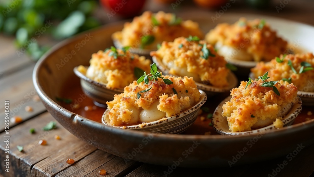 Delicious Stuffed Clams with Breadcrumbs and Herbs on a Rustic Plate Delicious Stuffed Clams with Breadcrumbs and Herbs on a Rustic Plate