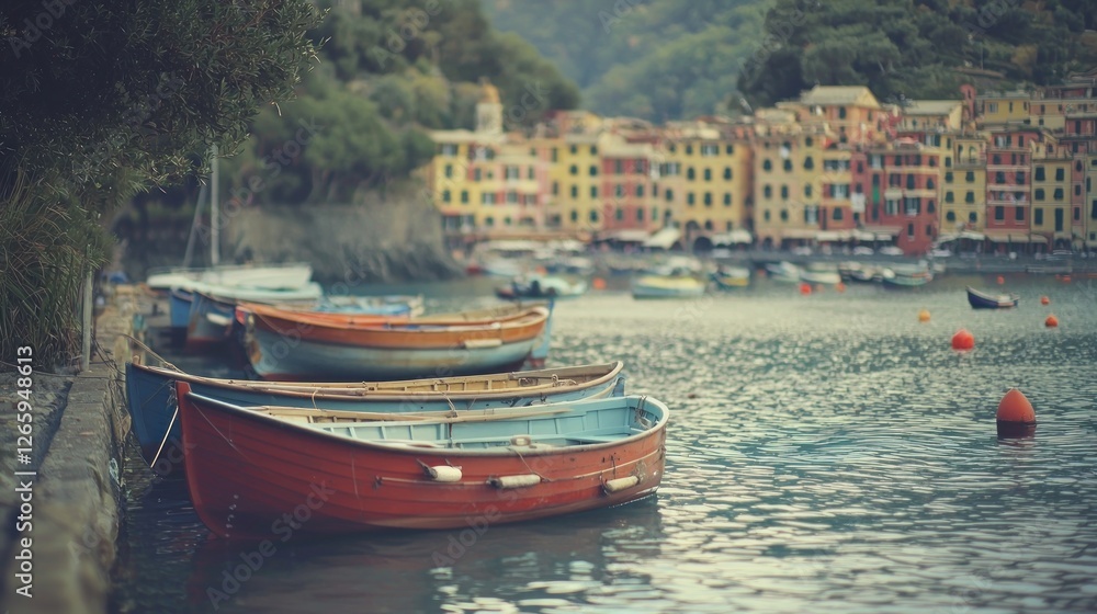 Obraz premium Colorful Italian harbor boats dock, seaside village background