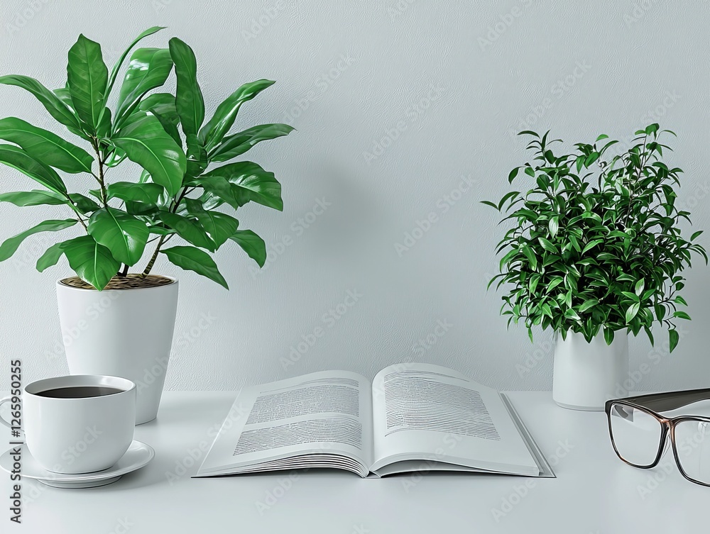 Modern Business Magazine Mockup on Desk with Coffee Cup and Green Plants for Fresh Look Modern Business Magazine Mockup on Desk with Coffee Cup and Green Plants for Fresh Look