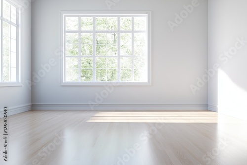 Bright Empty Room With Large Windows and Hardwood Flooring. Perfect for real estate, interior design, or home renovation concepts.