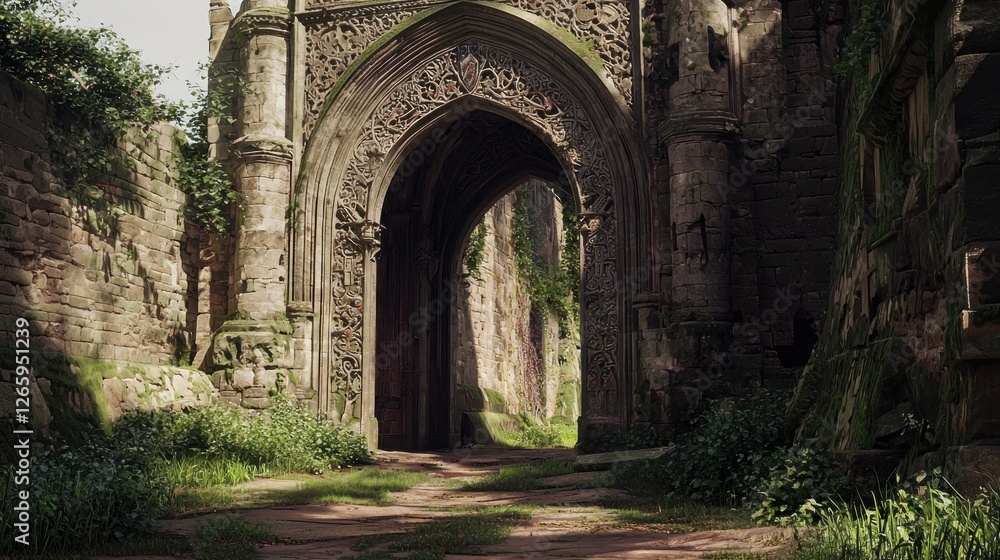 Sunlit overgrown ancient archway in ruins Sunlit overgrown ancient archway in ruins