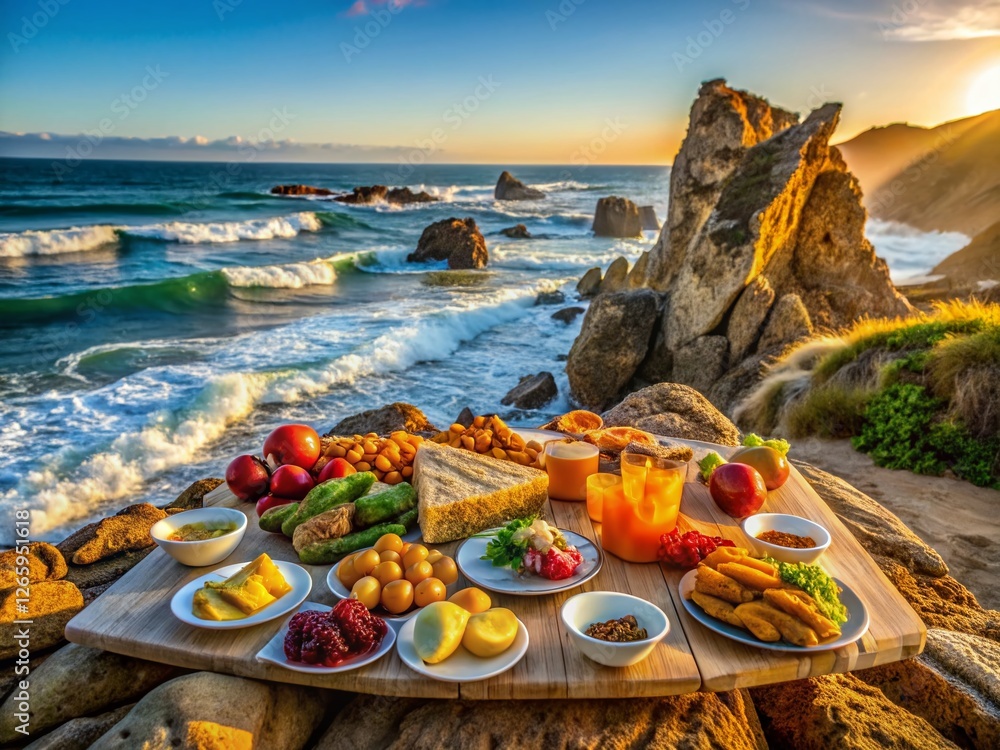Obraz premium Malibu Beach Rocks & Coastal Food Picnic: Sun-Drenched California Cuisine