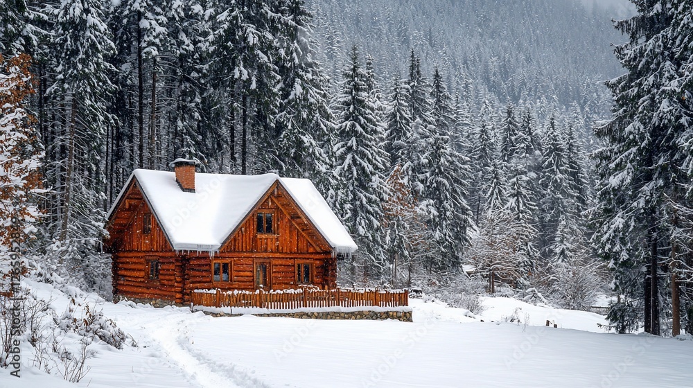 Snow-covered cabin, winter forest, mountain backdrop, peaceful scene Snow-covered cabin, winter forest, mountain backdrop, peaceful scene