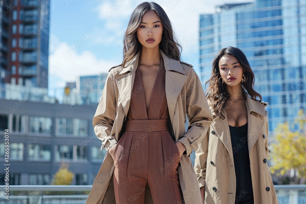 Two stunning women wearing beige trench coats posing outside in the city with tall buildings in the background under a bright blue sky. Two stunning women wearing beige trench coats posing outside in the city with tall buildings in the background under a bright blue sky.