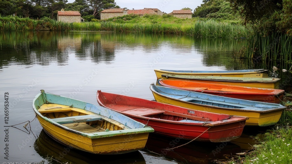 Colorful rowboats on tranquil lake, rustic buildings in background Colorful rowboats on tranquil lake, rustic buildings in background