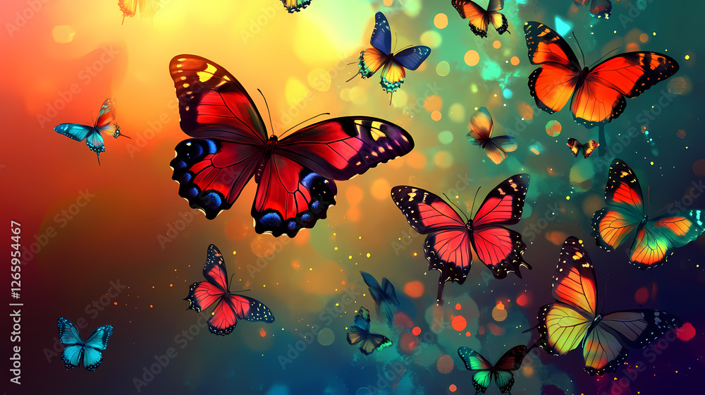 Obraz premium Flight of black and red butterflies morpho. Iridescent Butterfly Swarms. Illustration