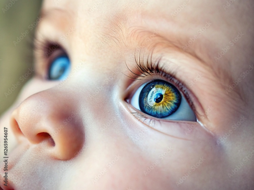 custom made wallpaper toronto digitalA close-up of a baby's face focusing on striking blue eyes with golden flecks. The long eyelashes and soft skin enhance the dreamy and innocent expression. Light reflects in the wide, curious gaze