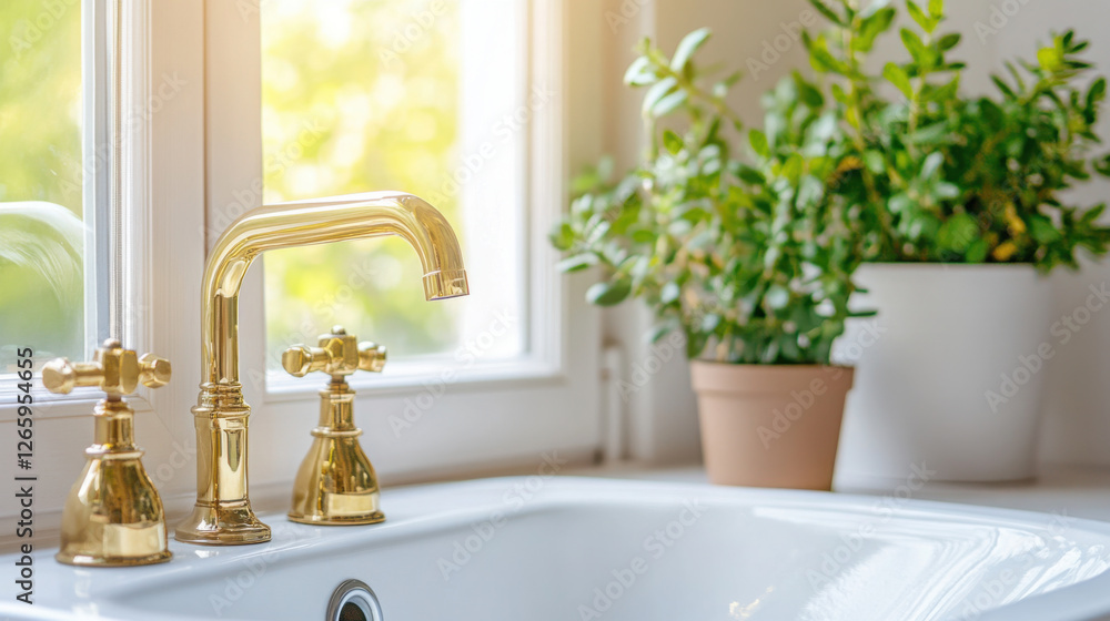 Retro sink area with brass faucet and potted plant near bright window Retro sink area with brass faucet and potted plant near bright window
