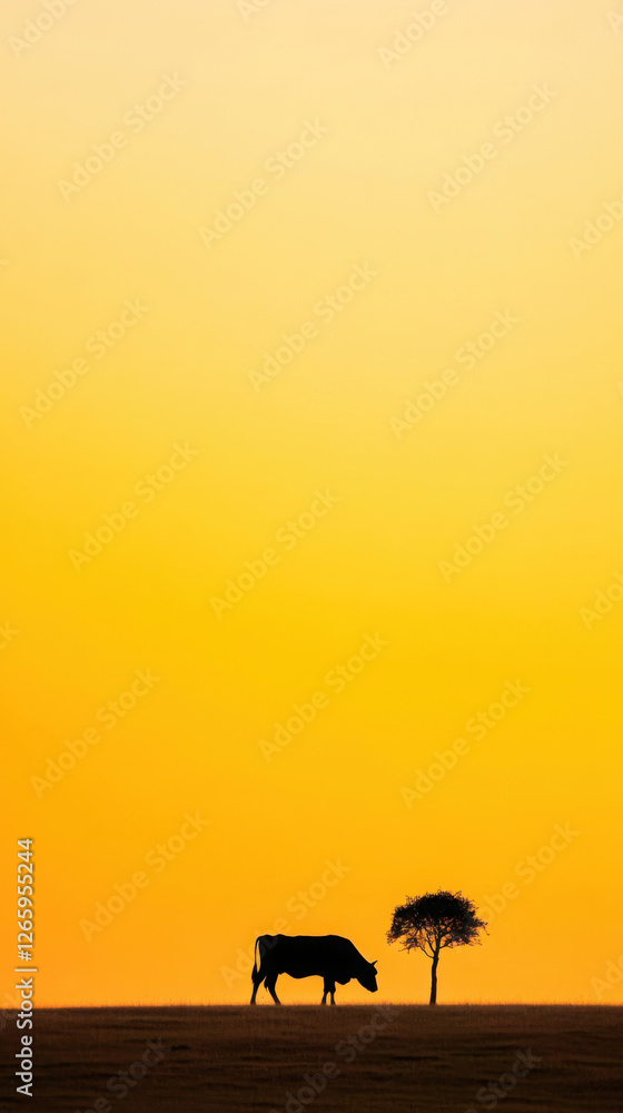 Serene silhouette of tree and animal at sunset in vertical composition for tranquil decor Serene silhouette of tree and animal at sunset in vertical composition for tranquil decor