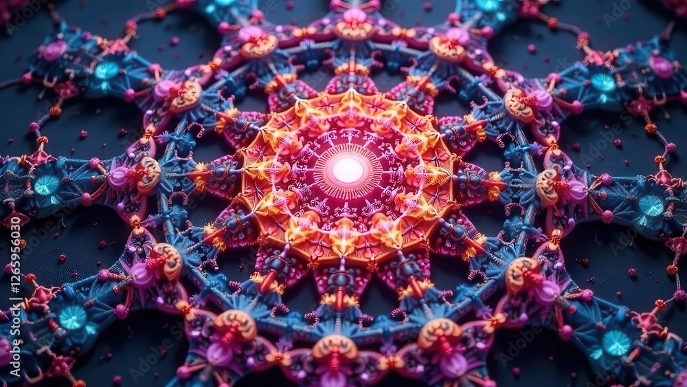 A sacred 3D kaleidoscopic mandala with abstract, trippy art and psychedelic trance visuals, energizing the third eye and chakras in A sacred 3D kaleidoscopic mandala with abstract, trippy art and psychedelic trance visuals, energizing the third eye and chakras in