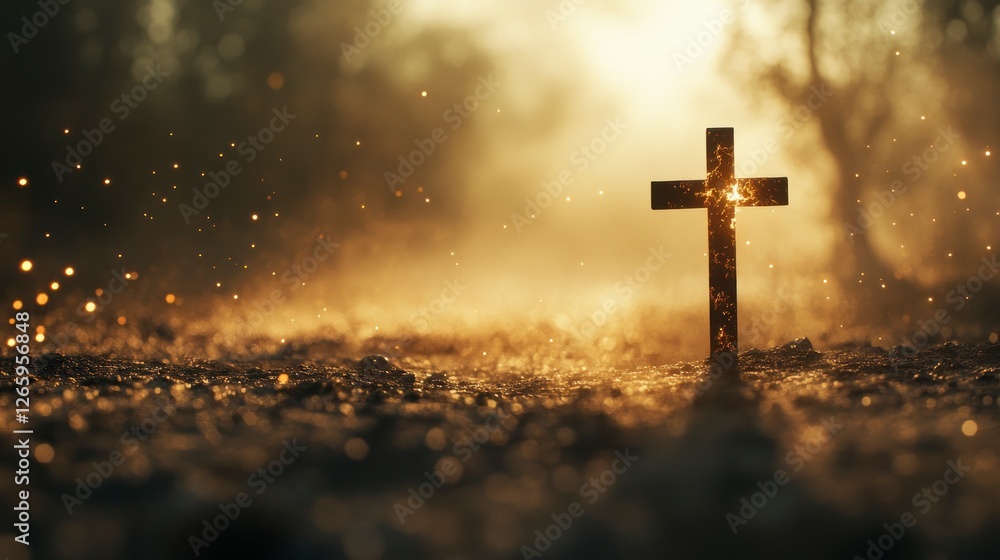 Fototapeta premium cross stands on the ground, with golden light shining from behind it. The background is blurry and has an ethereal feel. 