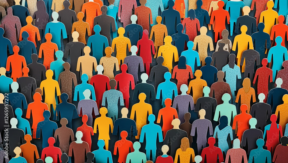 Obraz premium Paper Cut Out of a Crowd of Diverse People, Simple Flat Images in Yellow, Red, Blue and Brown. Diversity Background .