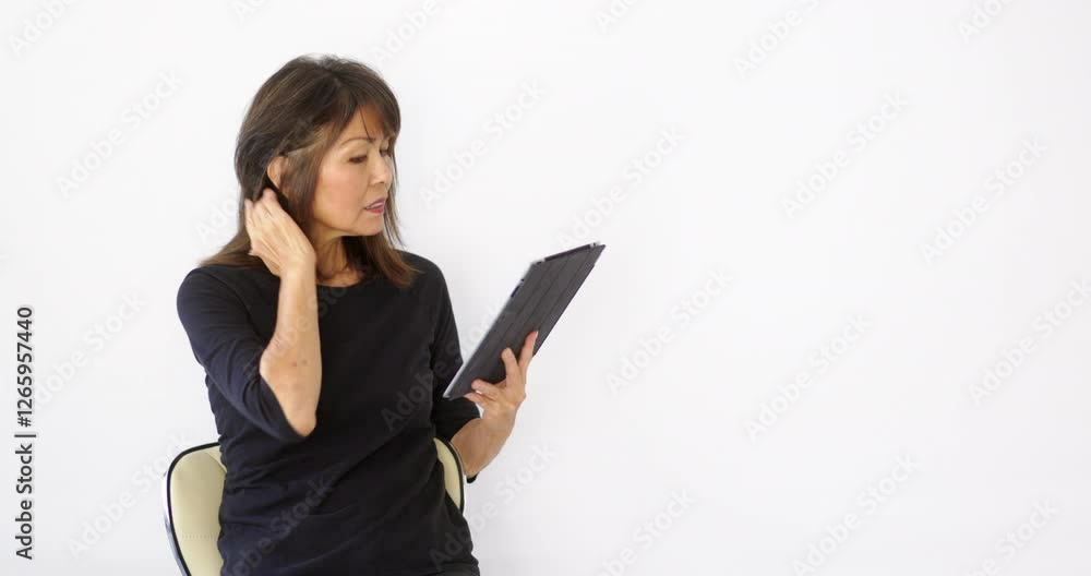 Woman holding reading mobile tablet isolated from white background entertainment concept copy space Woman holding reading mobile tablet isolated from white background entertainment concept copy space
